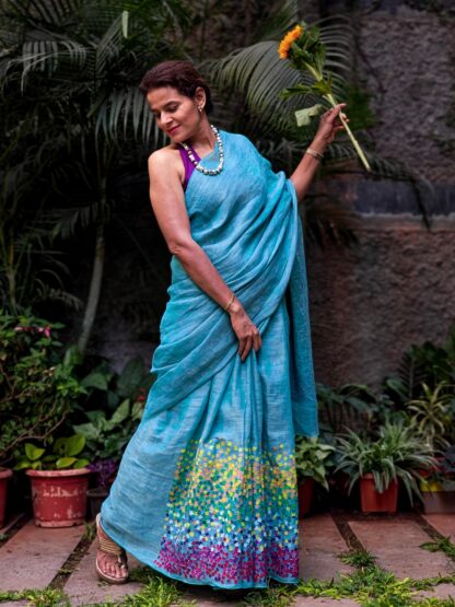 Calyz Blue Linen Saree with Collage Technique